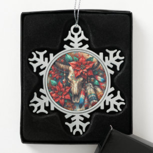 Ornement Flocon De Neige Crâne de la vache de Noël Poinsettias plumes