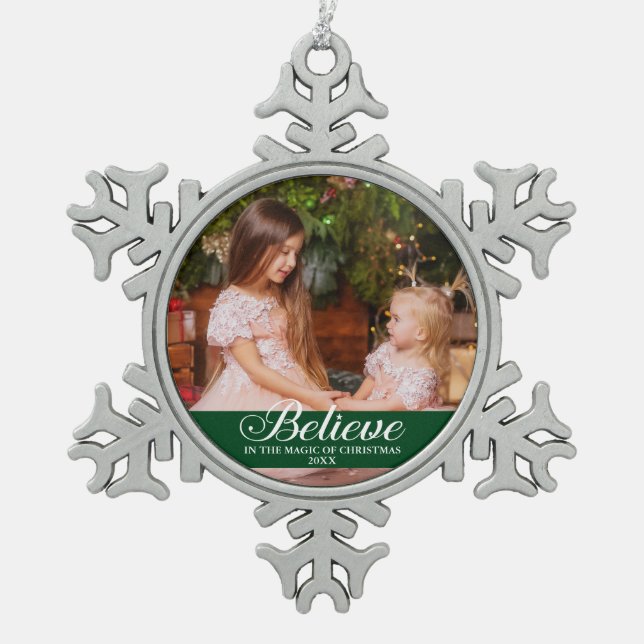 Ornement Flocon De Neige Croyez Élégante Calligraphie Famille Photo Vert (Devant)