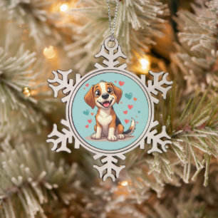 Ornement Flocon De Neige Cute Kawaii Beagle avec Coeurs Jouer Chien