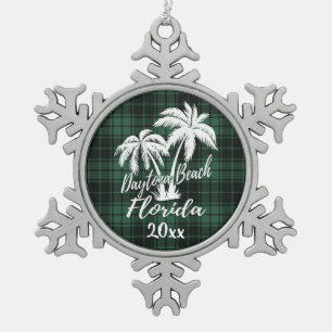 Ornement Flocon De Neige Daytona Beach Floride Palm Green Plaid