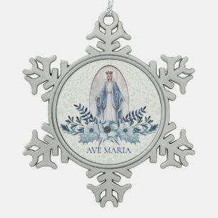 Ornement Flocon De Neige Dentelle bleue bénie de fleurs de Vierge Marie