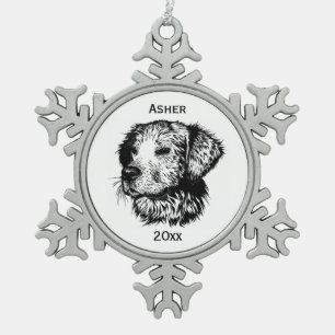 Ornement Flocon De Neige Dessin de tête de canine Nom et année