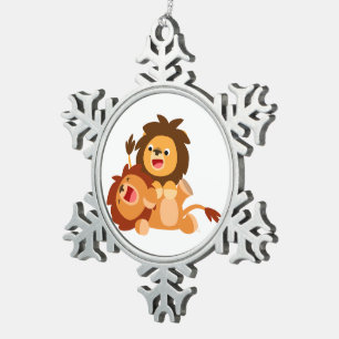 Ornement Flocon De Neige Deux mignons lions de dessin animé en étain Orneme