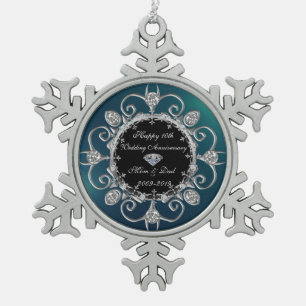 Ornement Flocon De Neige Diamants Argent Verts 10e Anniversaire de Mariage