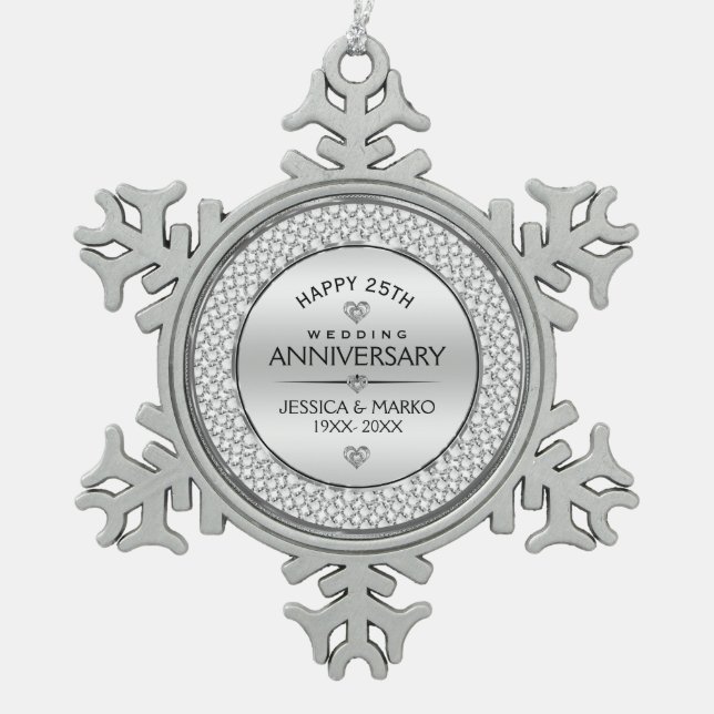 Ornement Flocon De Neige Diamants blancs et argent 25e Mariage (Devant)