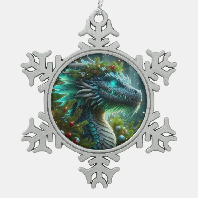 Ornement Flocon De Neige Dragon de Noël Turquoise Magique (Devant)