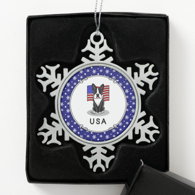 Ornement Flocon De Neige Drapeau américain mignon Boston Terrier Dog (noir) (Boîte)