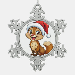 Ornement Flocon De Neige Écureuil de dessin animé adorable avec un chapeau 