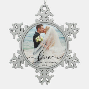 Ornement Flocon De Neige Élégant Script Love Mariage Photo Mr et Mrs.
