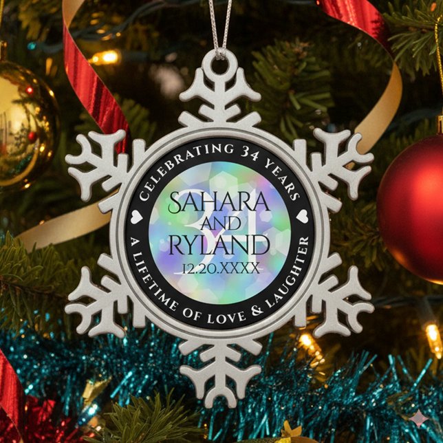 Ornement Flocon De Neige Élégante 34e anniversaire du Mariage Opal (34th Opal Wedding Anniversary Snowflake Pewter Ornament Cover Photo)