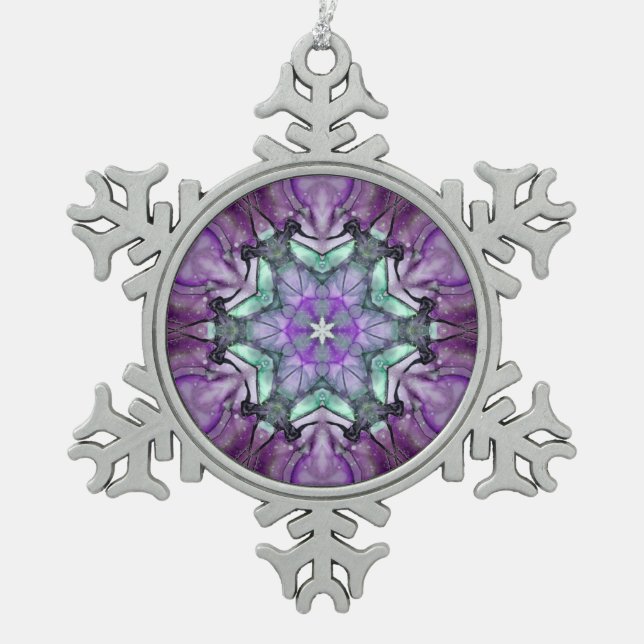 Ornement Flocon De Neige Étoile florale noire Turquoise violette (Devant)