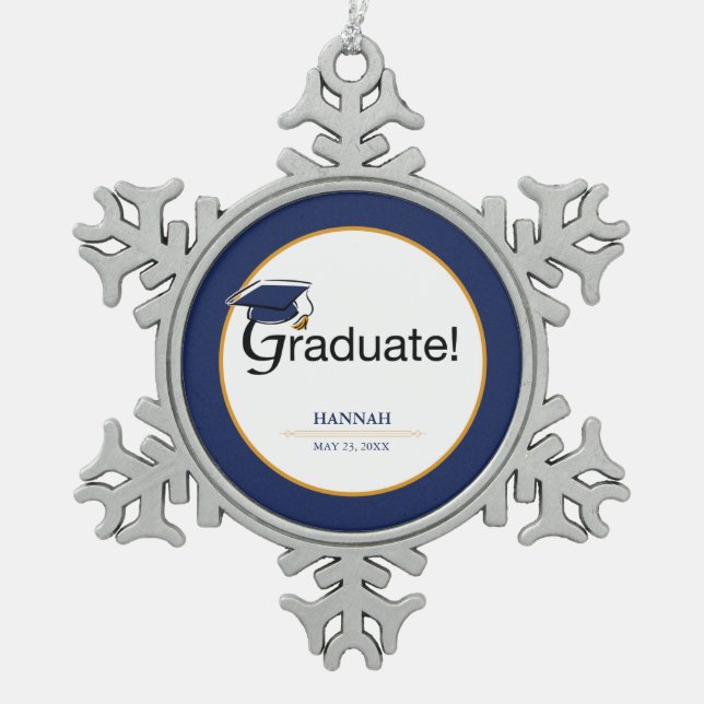 Ornement Flocon De Neige Félicitations Diplômé, Casquette, Tassel, Bleu, Or (Devant)