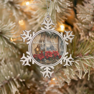Ornement Flocon De Neige Fenêtre de Noël au poinsettia enneigé