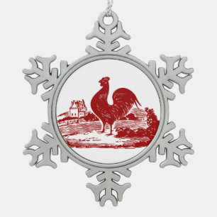 Ornement Flocon De Neige Ferme vintage de pays de coq rouge élégant