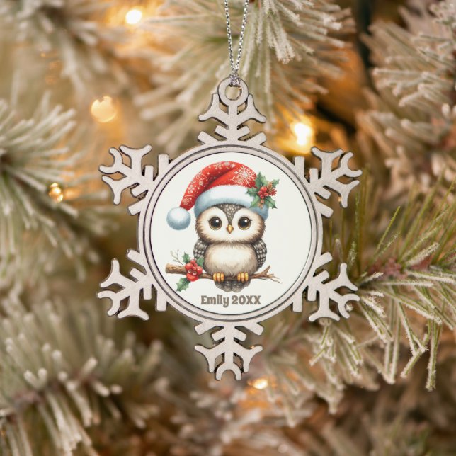 Ornement Flocon De Neige Festive Noël ajouter nom année hibou (Arbre)