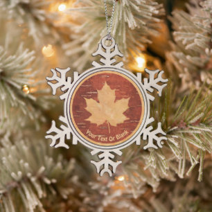Ornement Flocon De Neige Feuille d'érable sur écorce de bouleau intérieur