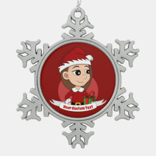 Ornement Flocon De Neige Fille de Noël avec cheveux longs bruns
