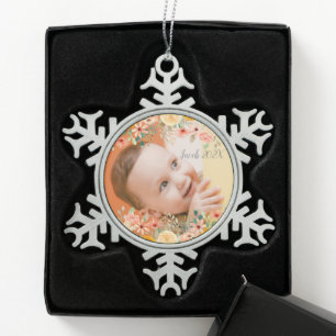 Ornement Flocon De Neige Fille Personnalisée Florale Fils Petit-Enfant Phot