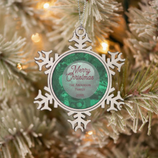 Ornement Flocon De Neige Gemme Verte Résumé Joyeux Noël en Famille