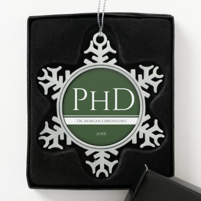 Ornement Flocon De Neige Graduation Vert Blanc Nom Année PhD (Boîte)