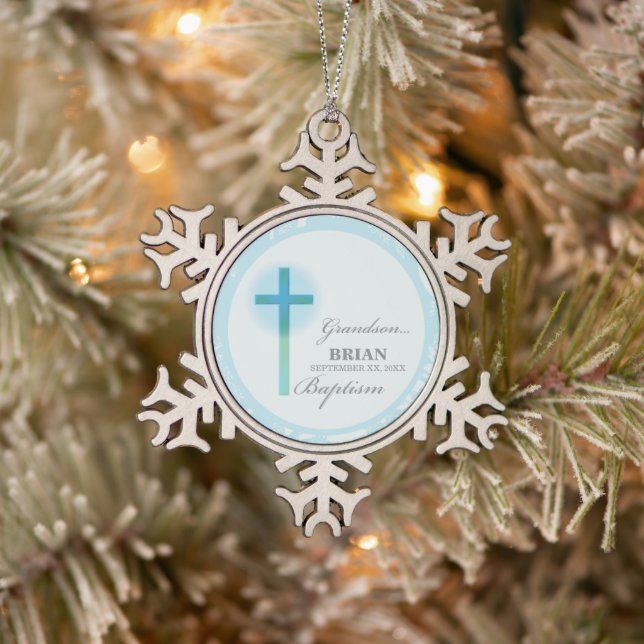 Ornement Flocon De Neige Grandson Baptême bleu dentelle personnalisée (Arbre)