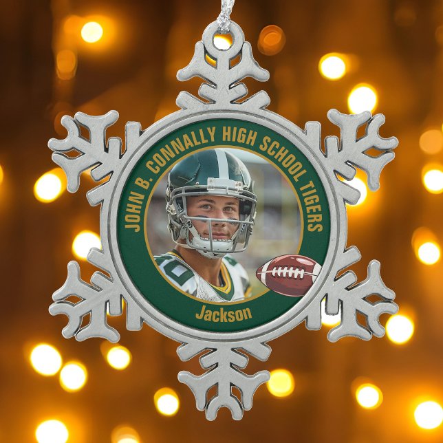 Ornement Flocon De Neige Green Gold High School Football Player Photo (Créateur téléchargé)