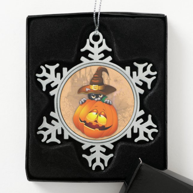 Ornement Flocon De Neige Halloween Cute Kitty Witch et ami Citrouille (Boîte)