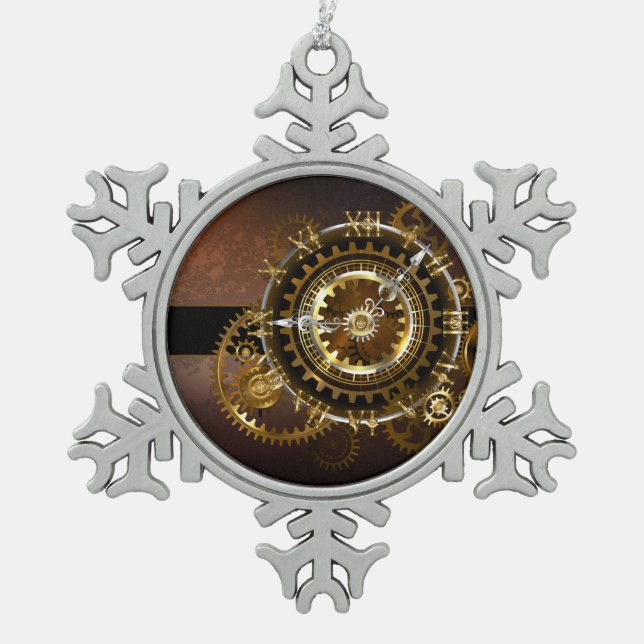 Ornement Flocon De Neige Horloge Steampunk avec des engrenages anciens (Devant)