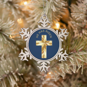 Ornement Flocon De Neige Il Est Devenu Croix D'Or Religieux Bleue