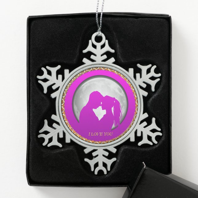 Ornement Flocon De Neige Jeune couple rose silhouette s'embrasser (Boîte)