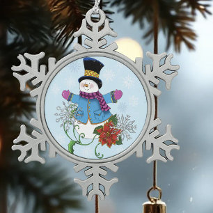 Ornement Flocon De Neige Joli bonhomme de neige bleu Poinsettia Noël 