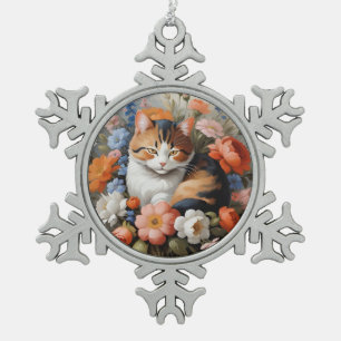 Ornement Flocon De Neige Joli chat calico et fleurs
