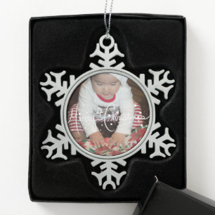 Ornement Flocon De Neige Joyeux Noël Lettering et bébé photo de famille