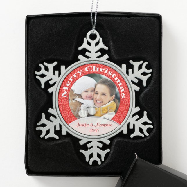 Ornement Flocon De Neige Joyeux Noël Red Lace Photo (Boîte)