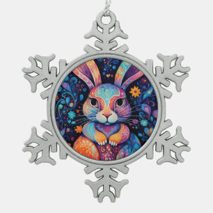 Ornement Flocon De Neige Lapin assis sur le coeur des fleurs