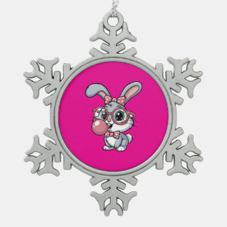 Ornement Flocon De Neige Lapin mignon avec des lunettes qui souffle du chew