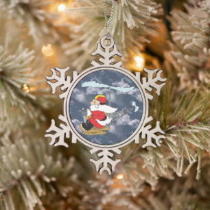 Ornement Flocon De Neige Le Père Noël en hélicoptère