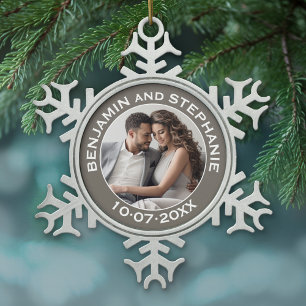 Ornement Flocon De Neige Mariage photo de Noël Nom et année personnalisés
