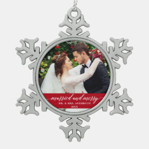 Ornement Flocon De Neige Marié et joyeux Mariage calligraphie rouge