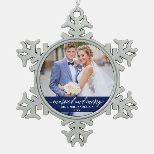 Ornement Flocon De Neige Marié et joyeux Mariage Calligraphy Blue (Devant)