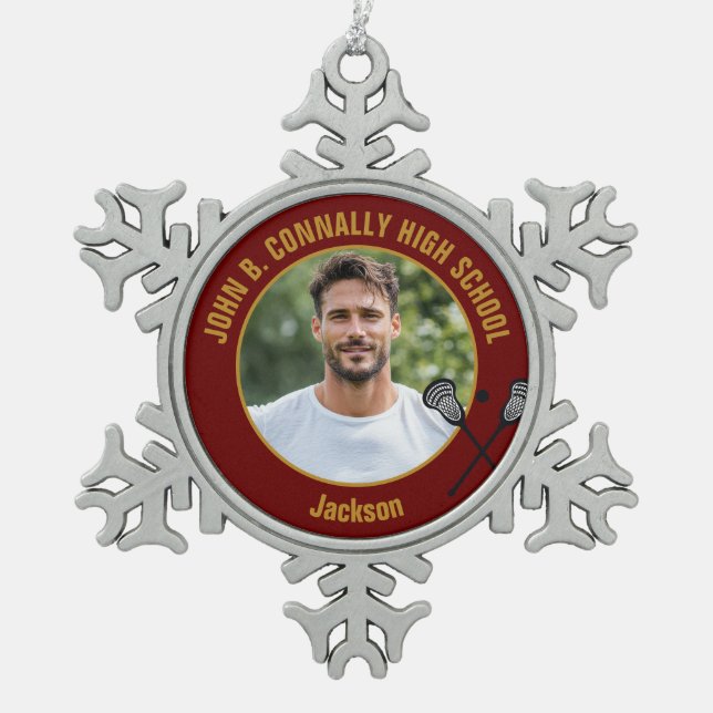 Ornement Flocon De Neige Maroon Gold Lacrosse Player Photo High School (Devant)
