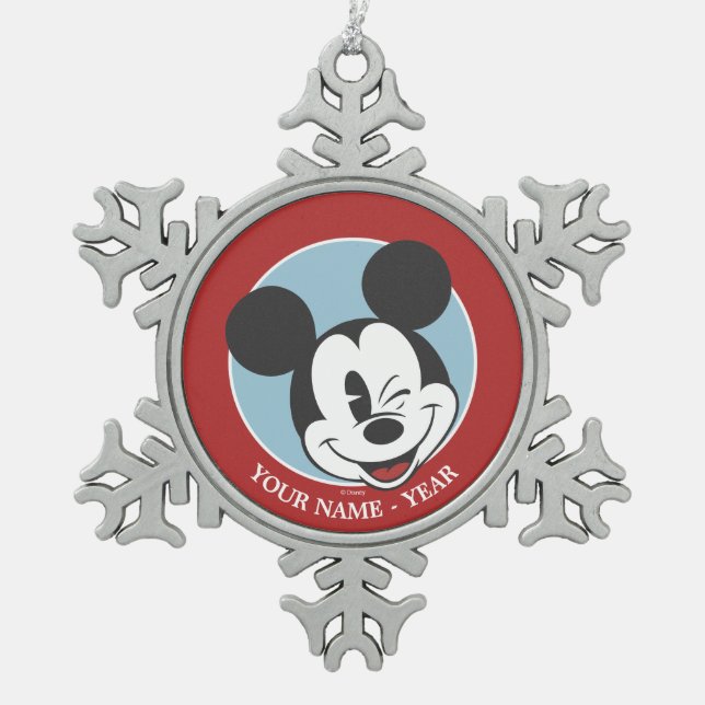 Ornement Flocon De Neige Mickey classique| Tête Tilt Wink Ajouter votre nom (Devant)