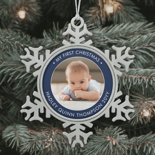 Ornement Flocon De Neige Mon premier Noël photo bébé moderne Marine & Blanc (Créateur téléchargé)