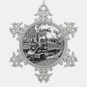 Ornement Flocon De Neige Moteur vintage noir et blanc de train de vapeur