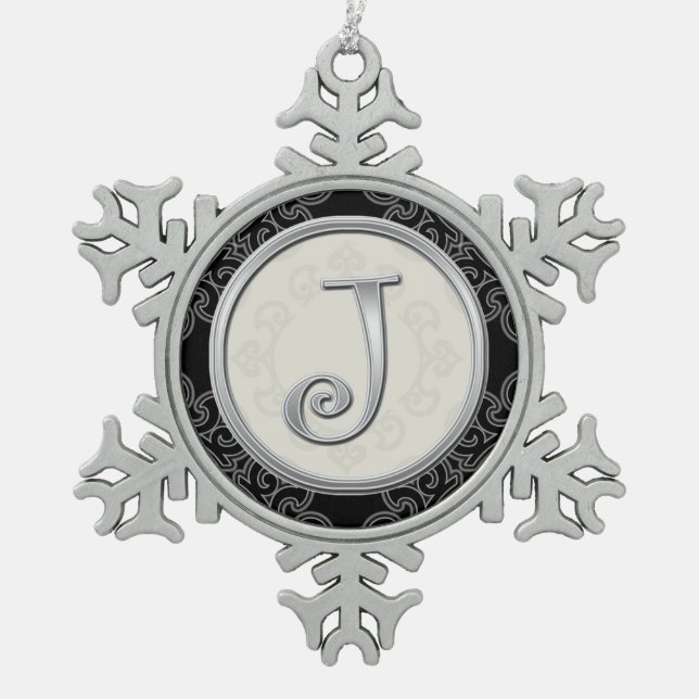 Ornement Flocon De Neige Noël argenté élégant du monogramme J (Devant)