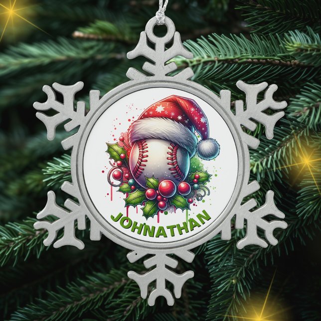 Ornement Flocon De Neige Noël Baseball Nom personnalisé avec Santa Hat (Créateur téléchargé)