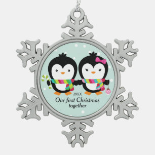 Ornement Flocon De Neige Noël de couples de pingouin de Cutie premier