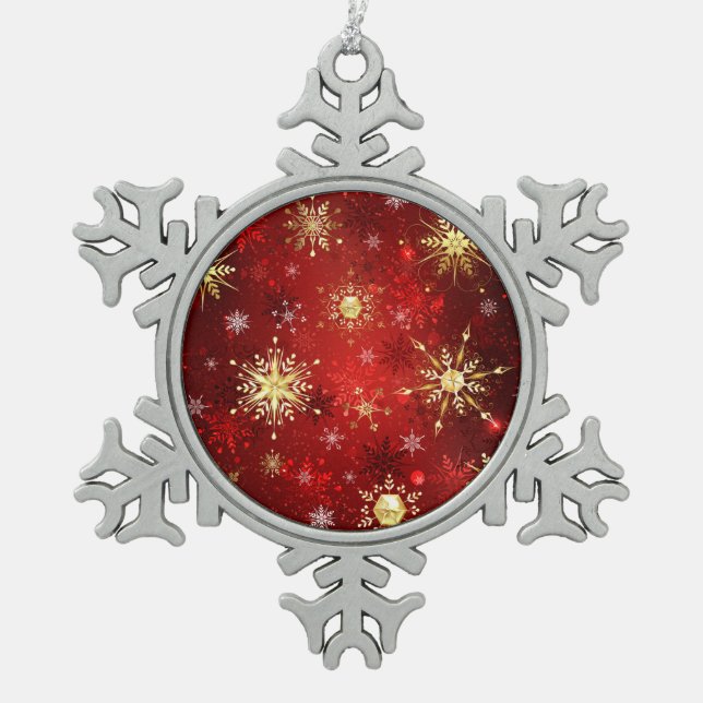 Ornement Flocon De Neige Noël Golden Snowflakes sur Arrière - plan rouge (Devant)