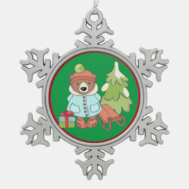 Ornement Flocon De Neige Noël Teddy Bear Couple avec cadeau (Devant)