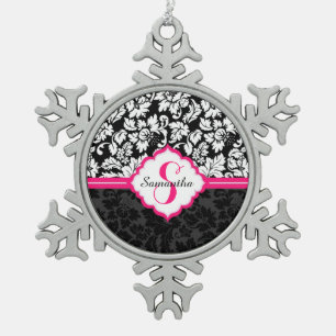 Ornement Flocon De Neige Noir blanc et rose Vintage Damas florales